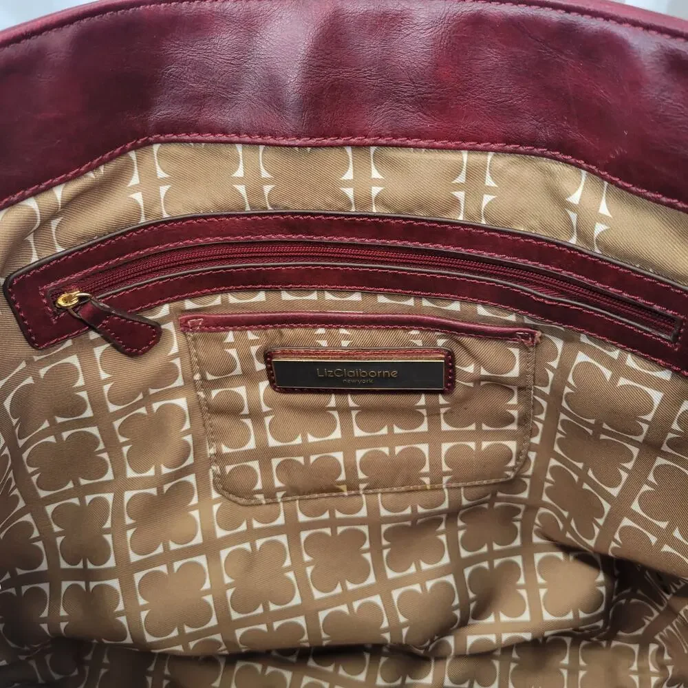Liz Claiborne Dark Red Vegan Leather Oversized Tote w Tortoise and Gold Hardware